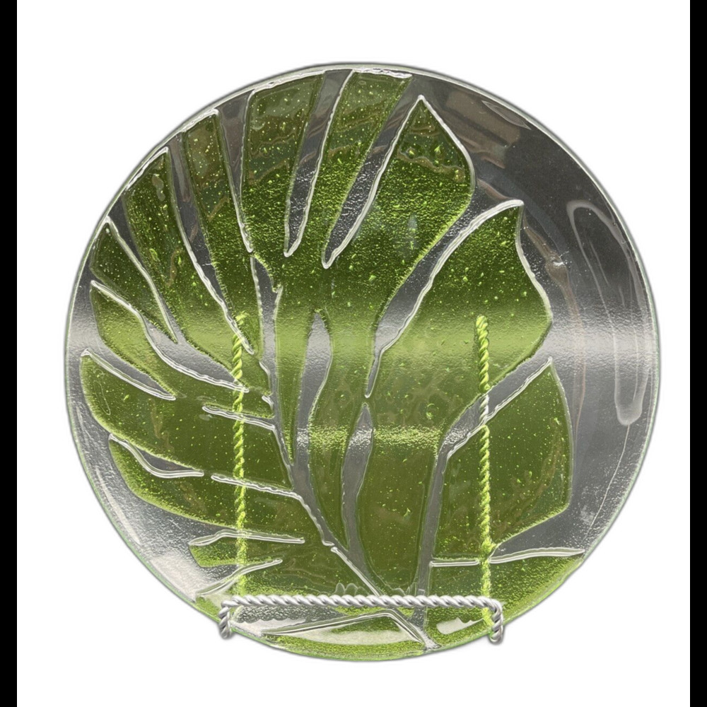 Crate & Barrel Fused Art Glass GREEN‎ LEAF Round Platter 11.75”